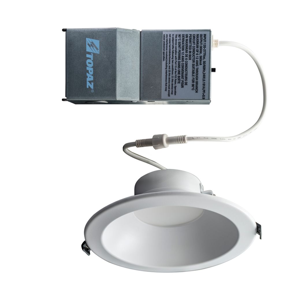 Topaz Commercial Canless Downlight 6in Power & 5-CCT Select (12-16-24W to 2000lm) Remote Driver Smooth Trim 90CRI Dimmable Spring Clips