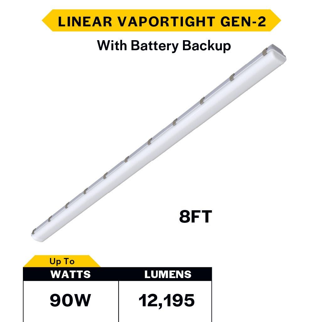 LED Controls Ready Linear Vaportight 8FT Selectable Lumen & CCT 8340-12195LM (60W-90W) 35K-40K-50K 3.5mm Jack 120-277VAC with Suspended Chain Mount and EM Driver Battery Backup 90min LED Controls Ready Linear Vaportight 8FT Selectable Lumen & CCT 8340-12195LM (60W-90W) 35K-40K-50K 3.5mm Jack 120-277VAC with Suspended Chain Mount and EM Driver Battery Backup 90min