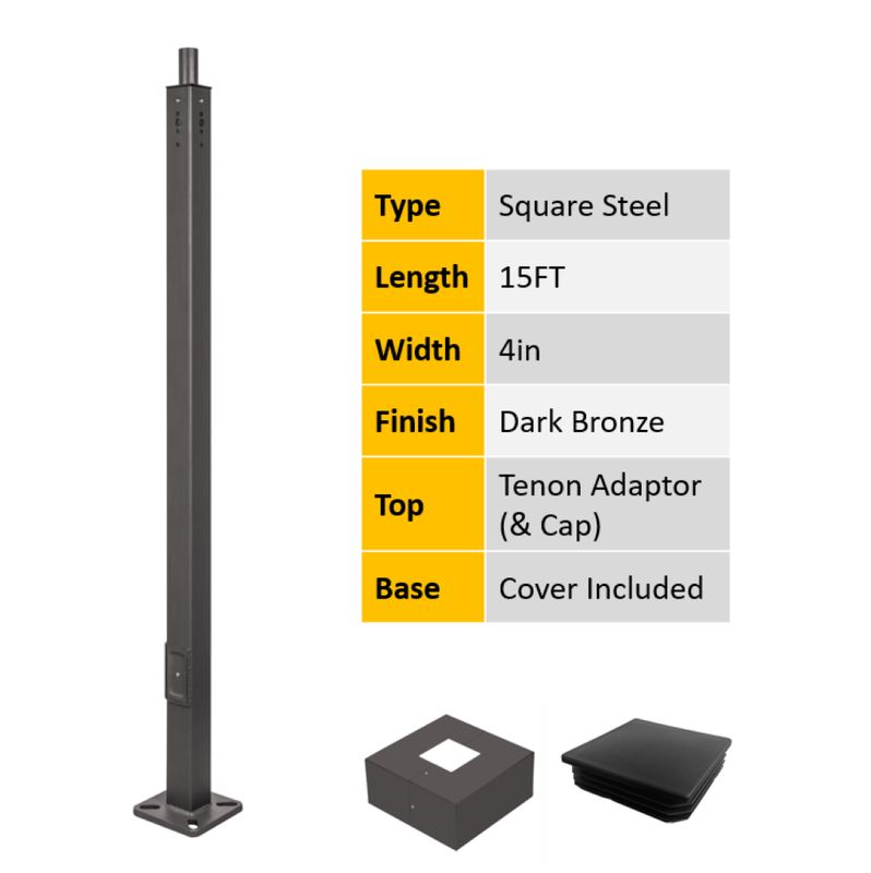 15FT x 4in Square Steel Pole Kit, 11 GA, Universal Drill Pattern (4 Sides) with Tenon Adapter, Handhold Cover (Screw, Gasket & Grounding Hook), Dark Bronze with 4in Square Base Cover and Top Rain Cap 15FT x 4in Square Steel Pole Kit, 11 GA, Universal Drill Pattern (4 Sides) with Tenon Adapter, Handhold Cover (Screw, Gasket & Grounding Hook), Dark Bronze with 4in Square Base Cover and Top Rain Cap