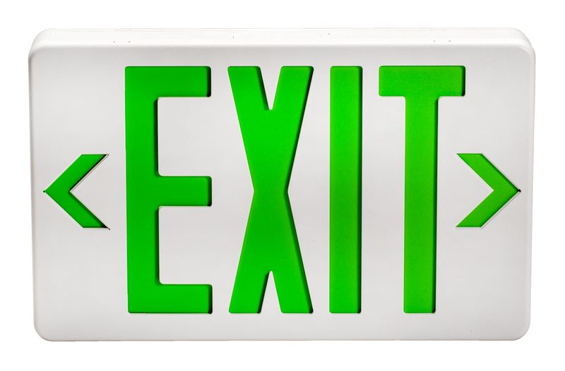 Topaz White LED Exit Sign with Green Legend 90-min Battery Backup Single or Double Face Thermoplastic Topaz White LED Exit Sign with Green Legend 90-min Battery Backup Single or Double Face Thermoplastic