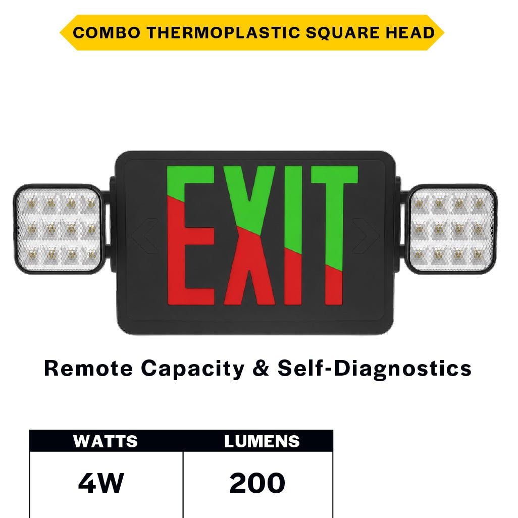 Emergence Series Combo (Exit/EM) Black Thermoplastic with Square Head Selectable Red or Green Legend with Remote Capacity and Self-Test Self-Diagnostics