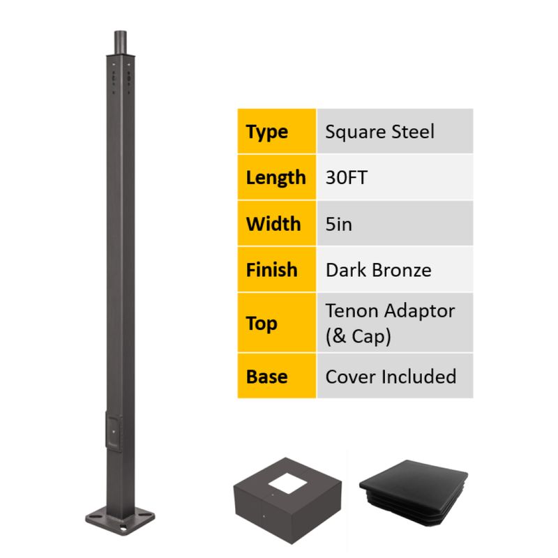 30FT x 5in Square Steel Pole Kit, 11 GA, Universal Drill Pattern (4 Sides) with Tenon Adapter, Handhold Cover (Screw, Gasket & Grounding Hook), Dark Bronze with 4in Square Base Cover and Top Rain Cap 30FT x 5in Square Steel Pole Kit, 11 GA, Universal Drill Pattern (4 Sides) with Tenon Adapter, Handhold Cover (Screw, Gasket & Grounding Hook), Dark Bronze with 4in Square Base Cover and Top Rain Cap