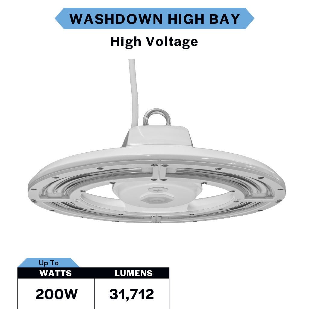 LED Round Wash Down High Bay HV Lumen Select (15650-23750-31400lm, 100/150/200W) CCT Select (4K-5K) Controls Ready 277-480V NSF IP69 White Housing Gen-2 LED Round Wash Down High Bay HV Lumen Select (15650-23750-31400lm, 100/150/200W) CCT Select (4K-5K) Controls Ready 277-480V NSF IP69 White Housing Gen-2