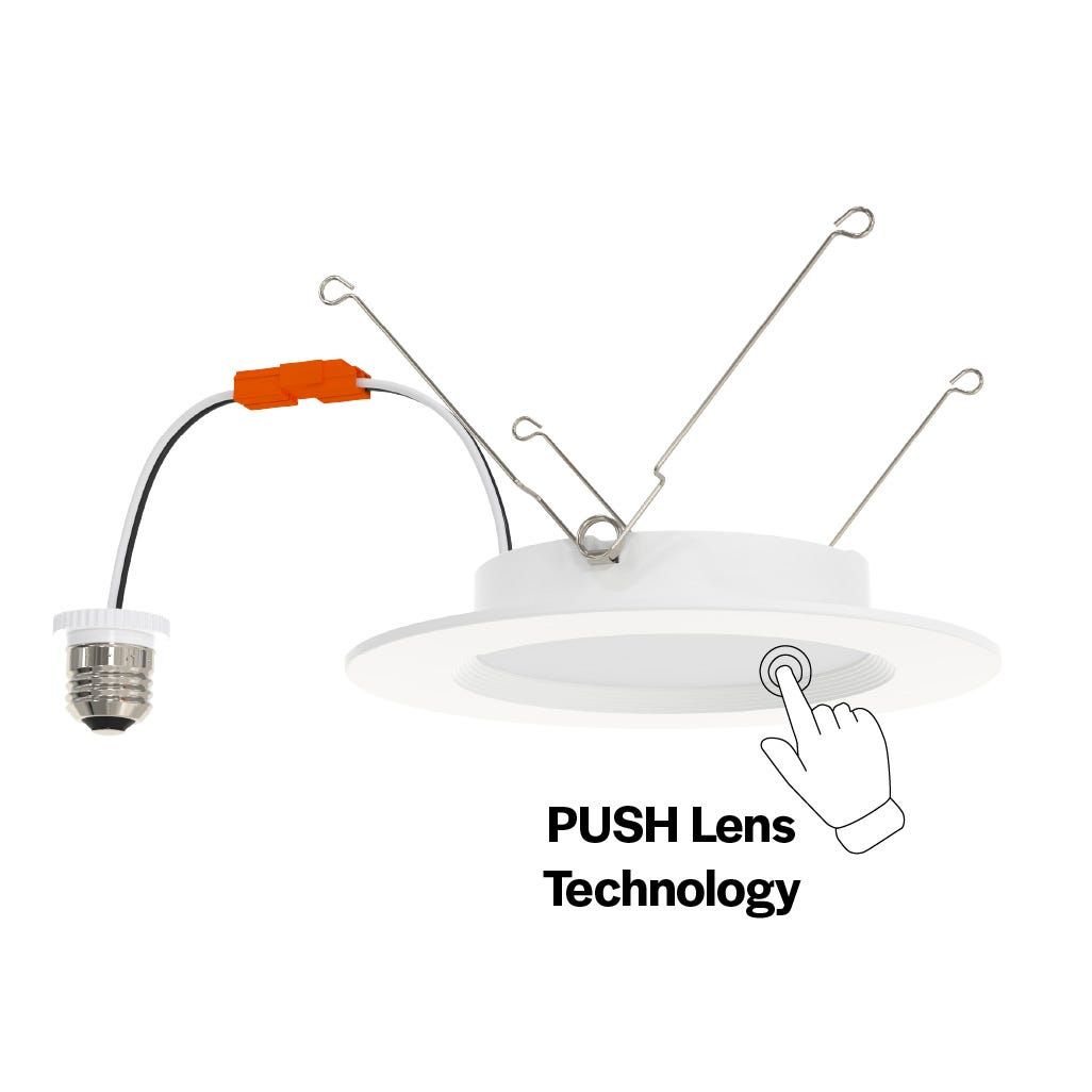 LED Retrofit Slim Downlight 6in Baffle Trim 10W 900 Lumen Push Lens for CCT Select 27/30/35/40/50 Triac Dim 90CRI 120V Torsion Spring