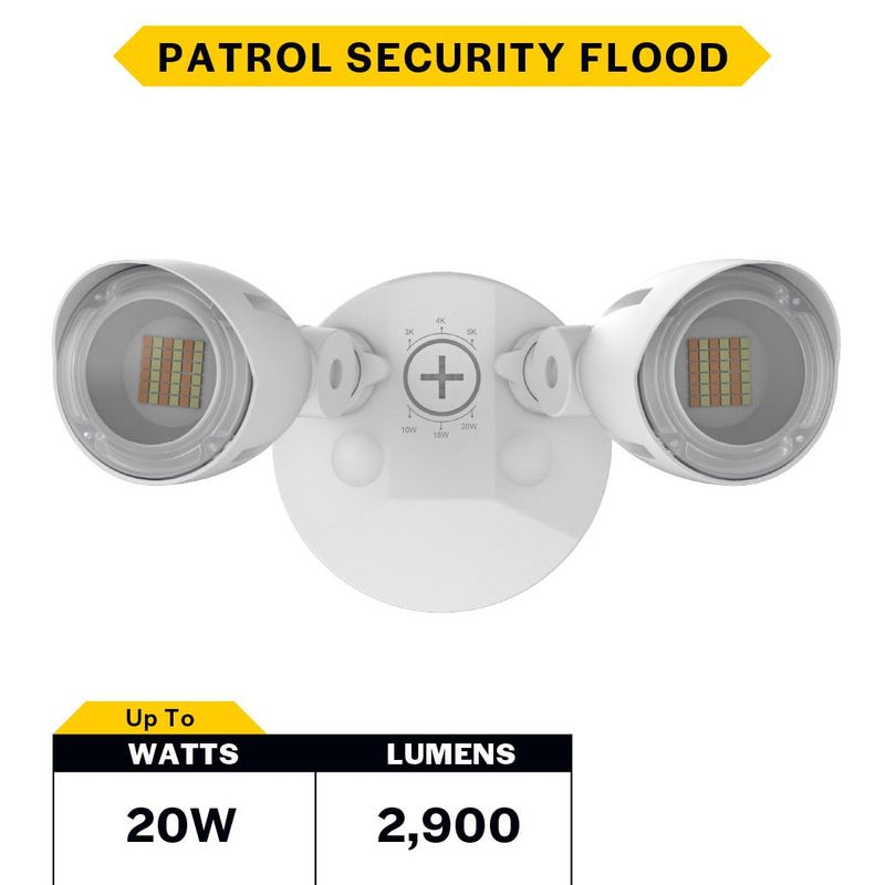 Patrol LED Security Flood Dual Heads No Motion Sensor Lumen & CCT Selectable 10W-15W-20W 1300-2900lm 3K-4K-5K 120-277VAC White Finish