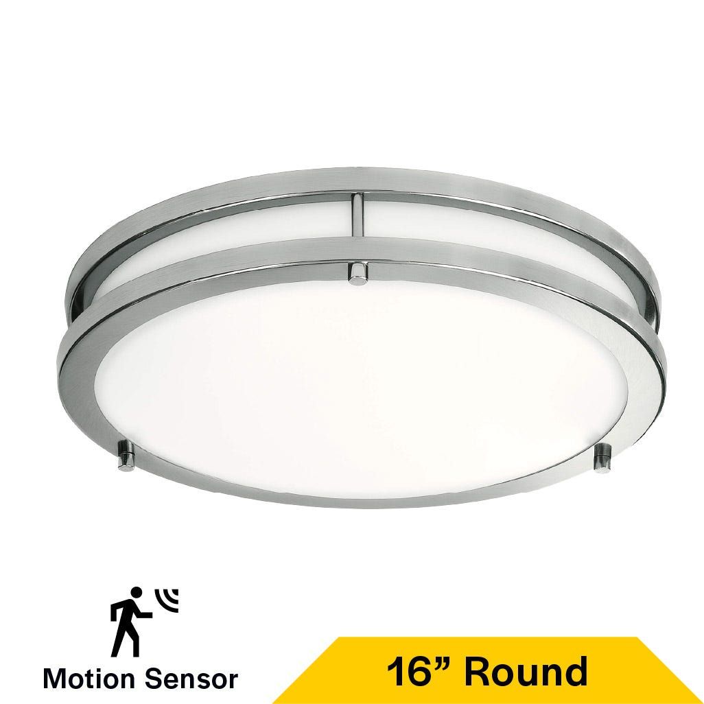 Flush Mount Brushed Nickel Double Ring 16" Selectable CCT 27/30/35/40/50K 25W 1750LM 120V TRIAC Dimming Plastic Lens with Microwave Motion Sensor