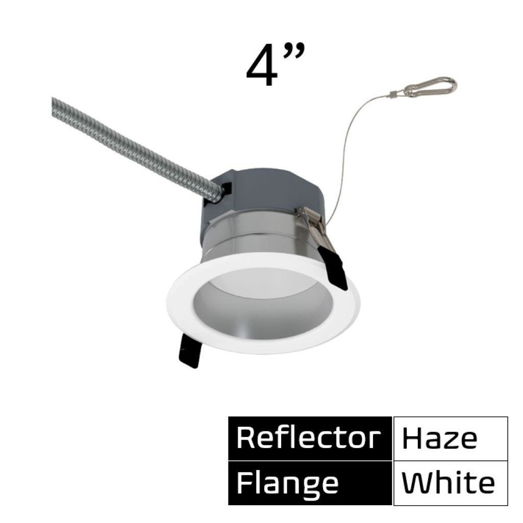 Commercial Retrofit Downlight, 4in, Lumen and CCT Select, 120-277V, Dimmable TRIAC/ELV & 0-10V, Haze Reflector, White Flange
