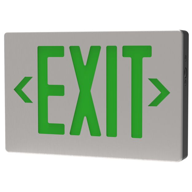Emergence LED Die-Cast Exit Sign, Green Legend Universal Single/Double Face Brushed Aluminum Face Black Housing 100min Life Safety Light Emergence LED Die-Cast Exit Sign, Green Legend Universal Single/Double Face Brushed Aluminum Face Black Housing 100min Life Safety Light