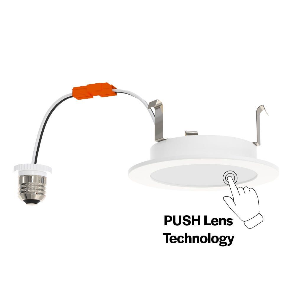 LED Retrofit Slim Downlight 4in Smooth Trim 8W 700 Lumen Push Lens for CCT Select 27/30/35/40/50 Triac Dim 90CRI 120V Friction Clips LED Retrofit Slim Downlight 4in Smooth Trim 8W 700 Lumen Push Lens for CCT Select 27/30/35/40/50 Triac Dim 90CRI 120V Friction Clips