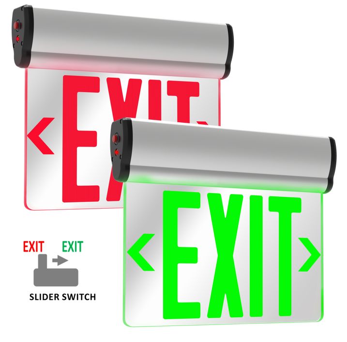 Emergence LED Aluminum Edgelit Exit Sign Universal Red/Green, Single/Double Face Universal Mounting and Battery Backup T20 Emergence LED Aluminum Edgelit Exit Sign Universal Red/Green, Single/Double Face Universal Mounting and Battery Backup T20