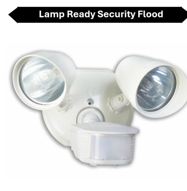 Topaz Lamp Ready 2-Head Security Flood White with 180 Degree Motion Sensor comes with two 100W Halogen Bulbs Die Cast