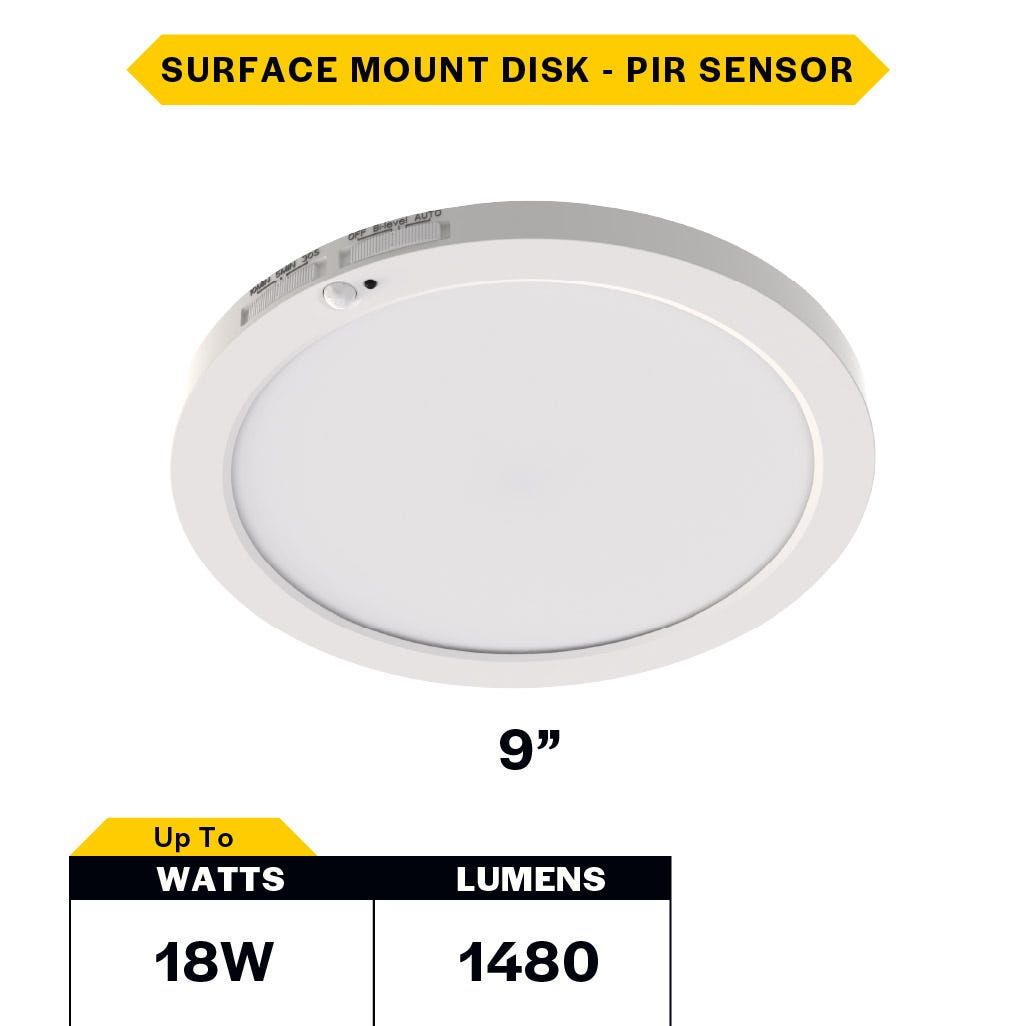 LED Surface Mount Disk 9in 18W 1480 Lumens 27/30/35/40/50K Color Select 120V Non-Dim PIR Sensor