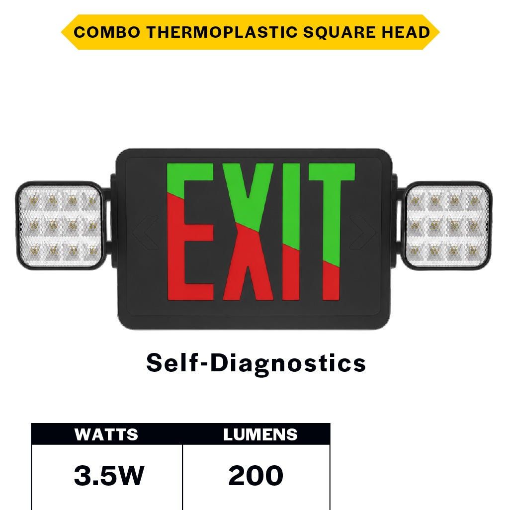 Emergence Series Combo (Exit/EM) Black Thermoplastic with Adj Square Head Selectable Red or Green Legend with Self-Test Self-Diagnostics 90-min Battery Backup Emergence Series Combo (Exit/EM) Black Thermoplastic with Adj Square Head Selectable Red or Green Legend with Self-Test Self-Diagnostics 90-min Battery Backup
