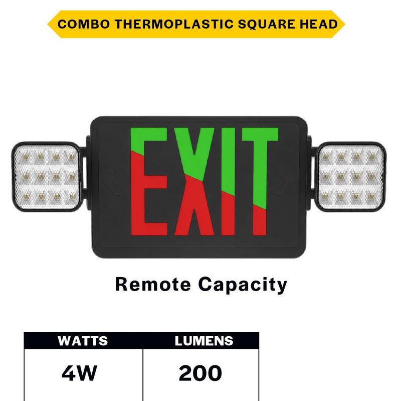 Emergence Series Combo (Exit/EM) Black Thermoplastic with Adjustable Square Head Selectable Red or Green Legend and Remote Capacity 90-min Battery Backup Emergence Series Combo (Exit/EM) Black Thermoplastic with Adjustable Square Head Selectable Red or Green Legend and Remote Capacity 90-min Battery Backup