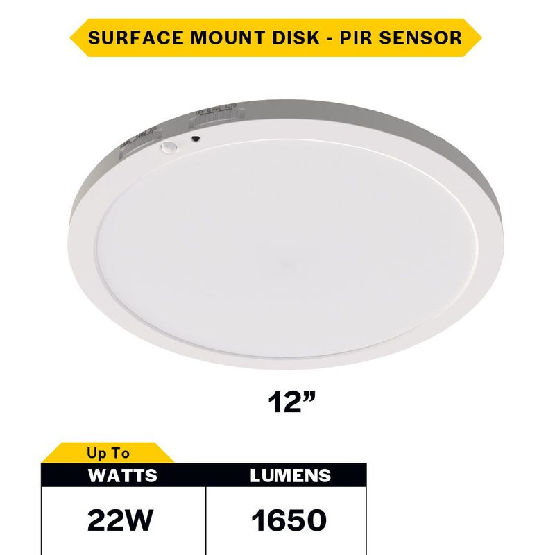 LED Surface Mount Disk 12in 22W 1650 Lumens 27/30/35/40/50K Color Select 120V Non-Dim PIR Sensor
