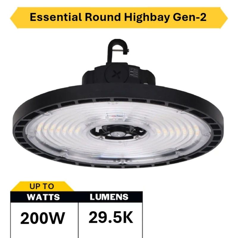 Essential Round Highbay (Gen-2) Controls Ready 3.5mm Jack Lumen Select 19,600-23,100-29,500 (120W-150W-200W), Color Select 4000K or 5000K, 120-277VAC, 0-10V Dimming, Black Essential Round Highbay (Gen-2) Controls Ready 3.5mm Jack Lumen Select 19,600-23,100-29,500 (120W-150W-200W), Color Select 4000K or 5000K, 120-277VAC, 0-10V Dimming, Black