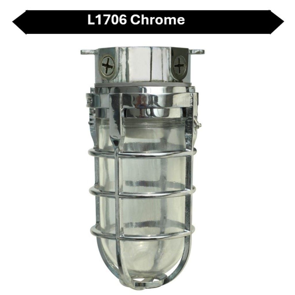 Topaz Outdoor Ceiling Mount Incandescent or LED Ready Vaportight Industrial Jelly Jar with E26 Socket for up to a 100W Incand or Equiv LED Bulb (not included) Die Cast Aluminum Chrome Finish Topaz Outdoor Ceiling Mount Incandescent or LED Ready Vaportight Industrial Jelly Jar with E26 Socket for up to a 100W Incand or Equiv LED Bulb (not included) Die Cast Aluminum Chrome Finish