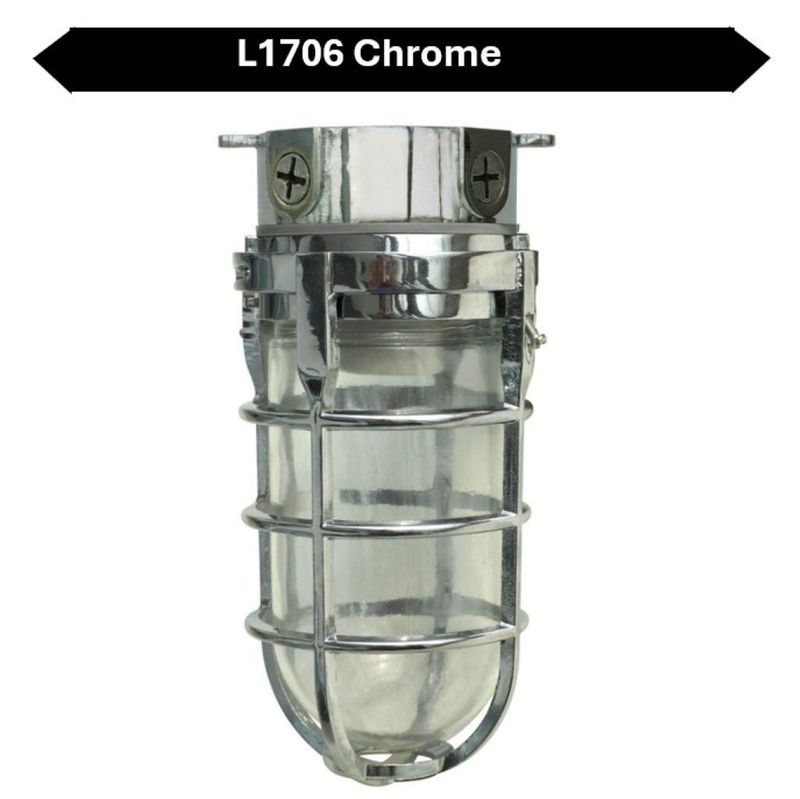 Topaz Outdoor Ceiling Mount Incandescent or LED Ready Vaportight Industrial Jelly Jar with E26 Socket for up to a 100W Incand or Equiv LED Bulb (not included) Die Cast Aluminum Chrome Finish Topaz Outdoor Ceiling Mount Incandescent or LED Ready Vaportight Industrial Jelly Jar with E26 Socket for up to a 100W Incand or Equiv LED Bulb (not included) Die Cast Aluminum Chrome Finish