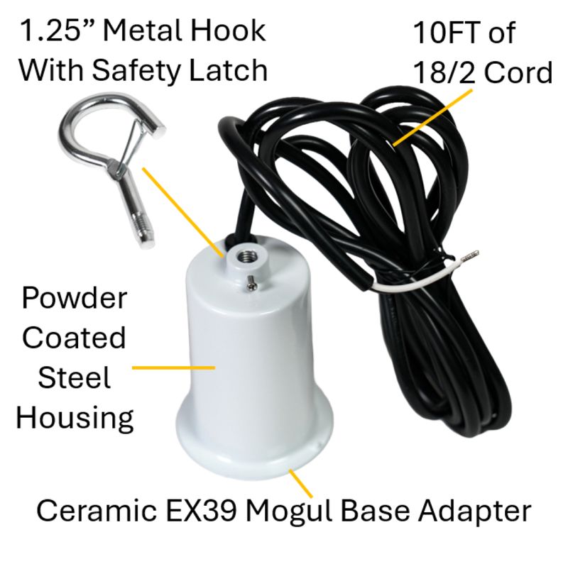 Ceramic EX39 Mogul Base Adapter / Socket with 10FT 18/2 Shielded Cable, White Powder Coated Steel Housing, and Metal Hook (1.25in) with Safety Latch Ceramic EX39 Mogul Base Adapter / Socket with 10FT 18/2 Shielded Cable, White Powder Coated Steel Housing, and Metal Hook (1.25in) with Safety Latch