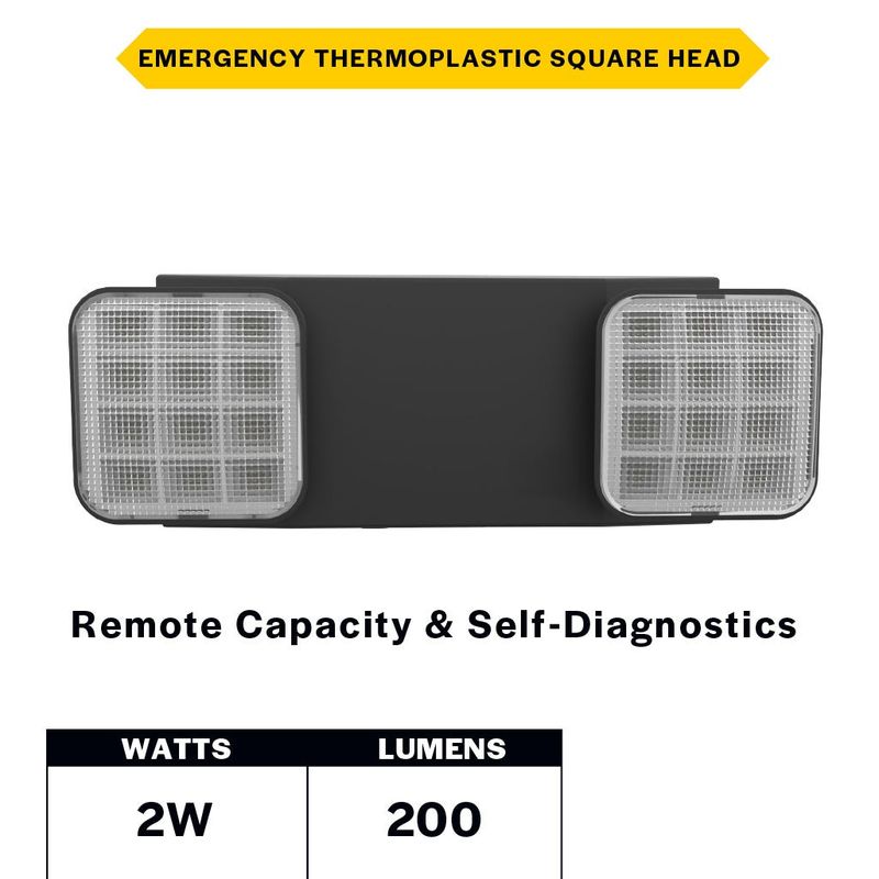 Emergence Series Emergency Unit Black Adjustable Thermoplastic Square Heads with Remote Capacity and Self-test Self-diagnostics 90-min Battery Bkup Emergence Series Emergency Unit Black Adjustable Thermoplastic Square Heads with Remote Capacity and Self-test Self-diagnostics 90-min Battery Bkup