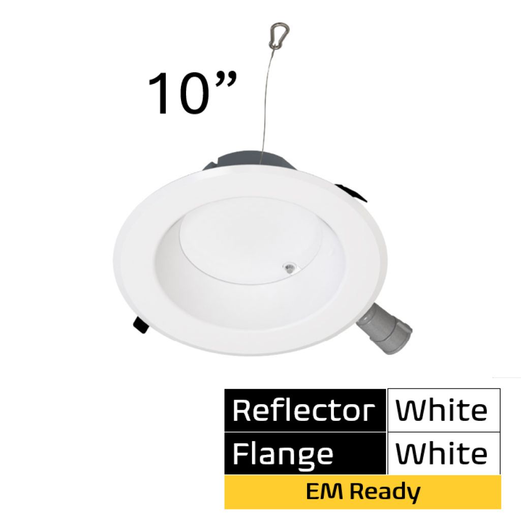 Commercial Retrofit Downlight, 10in, Emergency Battery Ready, Lumen and CCT Select, 120-277V,  Dimmable TRIAC/ELV & 0-10V, White Reflector, White Flange