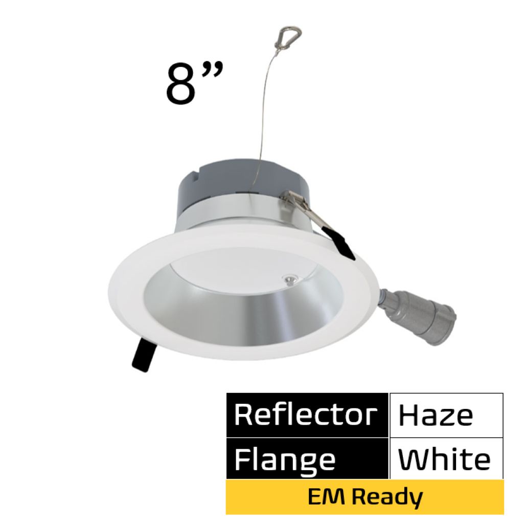 Commercial Retrofit Downlight, 8in, Emergency Battery Ready, Lumen and CCT Select, 120-277V, Dimmable TRIAC/ELV & 0-10V, Haze Reflector, White Flange Commercial Retrofit Downlight, 8in, Emergency Battery Ready, Lumen and CCT Select, 120-277V, Dimmable TRIAC/ELV & 0-10V, Haze Reflector, White Flange