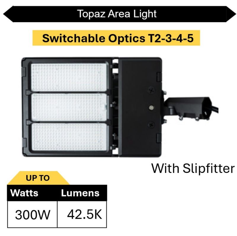 Topaz Area Light Power & Color Selectable Switchable Optics Type 2-3-4-5 Slipfitter Bronze 200-250-300W 29500-36000-42500L 3K-4K-5K 0-10V Dim 120-277V 100KHr Topaz Area Light Power & Color Selectable Switchable Optics Type 2-3-4-5 Slipfitter Bronze 200-250-300W 29500-36000-42500L 3K-4K-5K 0-10V Dim 120-277V 100KHr