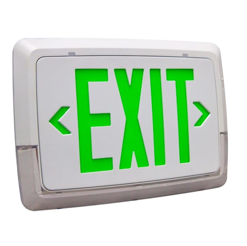 Low Profile Exit & Emergency Combo, Single Face, Green Legend, White Housing, Designed for Low Level Wall Mounting (2-6FT) Low Profile Exit & Emergency Combo, Single Face, Green Legend, White Housing, Designed for Low Level Wall Mounting (2-6FT)