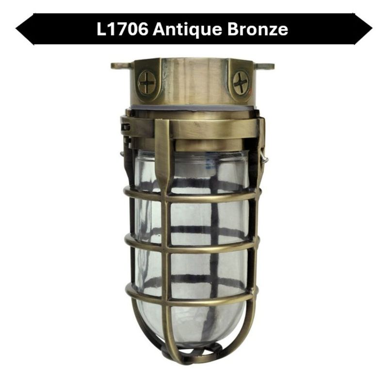 Topaz Outdoor Ceiling Mount Incandescent or LED Ready Vaportight Industrial Jelly Jar with E26 Socket for up to a 100W Incand or Equiv LED Bulb (not included) Die Cast Aluminum Antique Brass Finish Topaz Outdoor Ceiling Mount Incandescent or LED Ready Vaportight Industrial Jelly Jar with E26 Socket for up to a 100W Incand or Equiv LED Bulb (not included) Die Cast Aluminum Antique Brass Finish