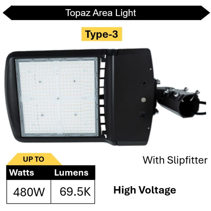 Topaz Area Light Power & Color Selectable High Voltage Type 3 Slipfitter Bronze 350-400-480W 54000-60000-69500L 3K-4K-5K 0-10V Dim 277-480V 100KHr Topaz Area Light Power & Color Selectable High Voltage Type 3 Slipfitter Bronze 350-400-480W 54000-60000-69500L 3K-4K-5K 0-10V Dim 277-480V 100KHr