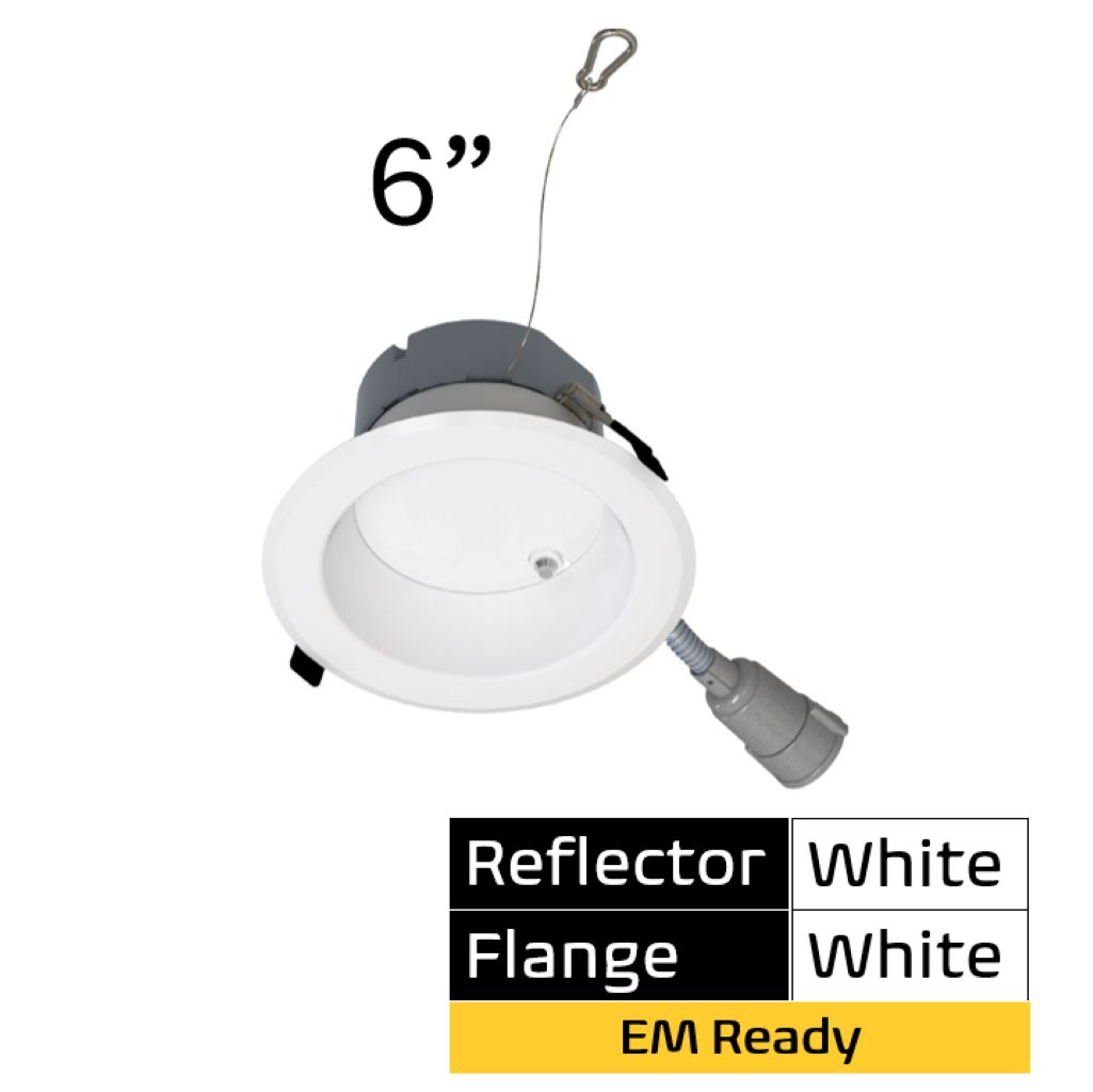 Commercial Retrofit Downlight, 6in, Emergency Battery Ready, Lumen and CCT Select, 120-277V, Dimmable TRIAC/ELV & 0-10V, White Reflector, White Flange Commercial Retrofit Downlight, 6in, Emergency Battery Ready, Lumen and CCT Select, 120-277V, Dimmable TRIAC/ELV & 0-10V, White Reflector, White Flange