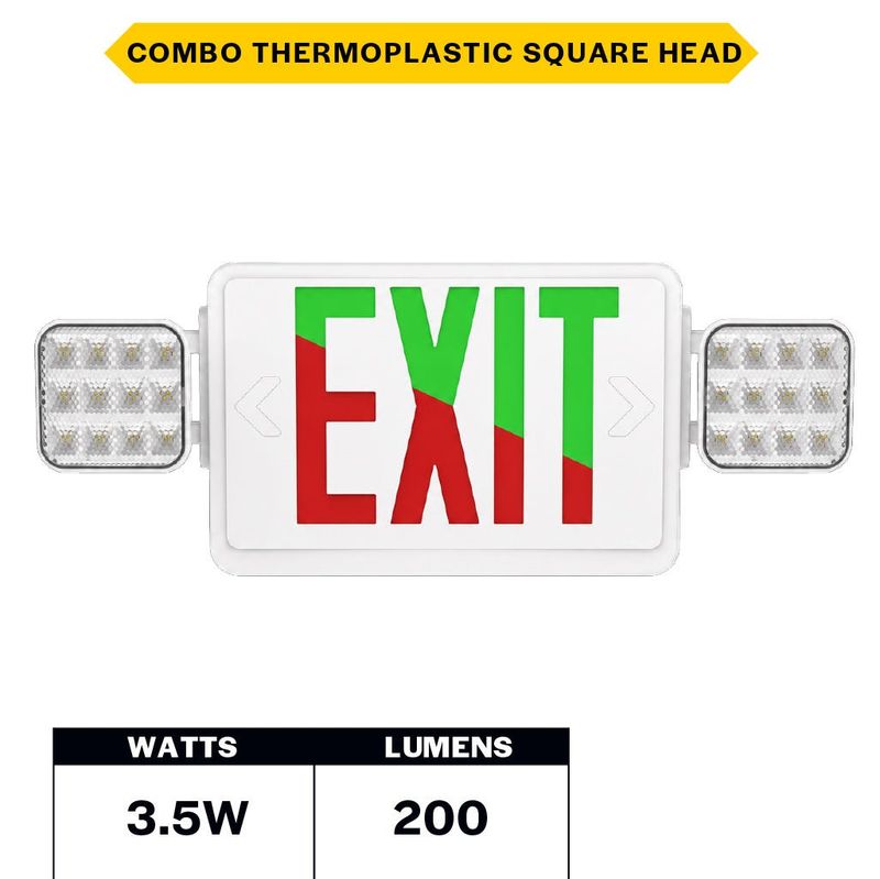 Emergence Series Combo (Exit/EM) White Thermoplastic with Adjustable Square Head Selectable Red or Green Legend 90-min Battery Backup Emergence Series Combo (Exit/EM) White Thermoplastic with Adjustable Square Head Selectable Red or Green Legend 90-min Battery Backup