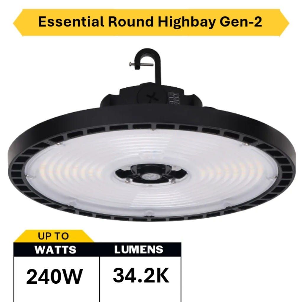 Essential Round Highbay (Gen-2) Controls Ready Lumen Select 26,700-30,600-34,200 (180W-210W-240W) Color Select 4000K or 5000K, 120-277VAC, 0-10V Dimming, Black Essential Round Highbay (Gen-2) Controls Ready Lumen Select 26,700-30,600-34,200 (180W-210W-240W) Color Select 4000K or 5000K, 120-277VAC, 0-10V Dimming, Black