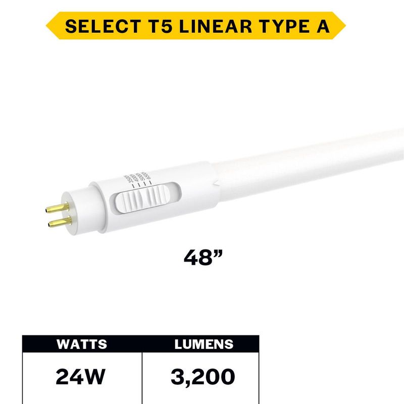 LED T5 48in 24W Type A (Direct) CCT Selectable 35K-40K-50K-65K 3200L 50K Hrs Miniature Bi-Pin (G5), Non-Dimmable 120-277V LED T5 48in 24W Type A (Direct) CCT Selectable 35K-40K-50K-65K 3200L 50K Hrs Miniature Bi-Pin (G5), Non-Dimmable 120-277V