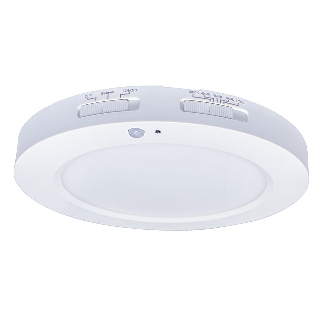 Topaz 7in Round White Surface Mount Disk with PIR Motion Sensor 13W 5-CCT Select 1150lm 75W-equiv Dimmable 120V 90CRI Topaz 7in Round White Surface Mount Disk with PIR Motion Sensor 13W 5-CCT Select 1150lm 75W-equiv Dimmable 120V 90CRI