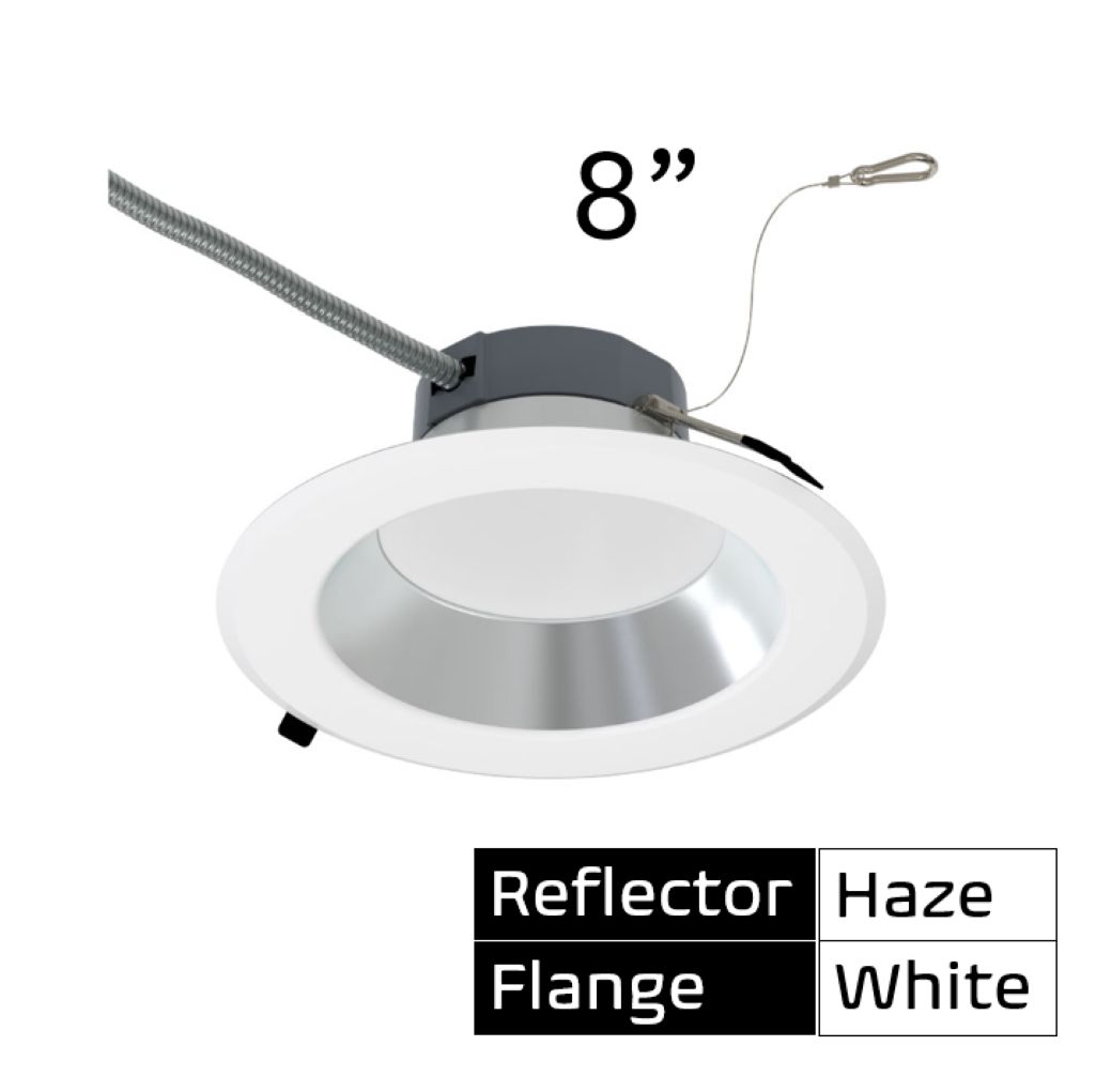 Commercial Retrofit Downlight, 8in, Lumen and CCT Select, 120-277V,  Dimmable TRIAC/ELV & 0-10V, Haze Reflector, White Flange