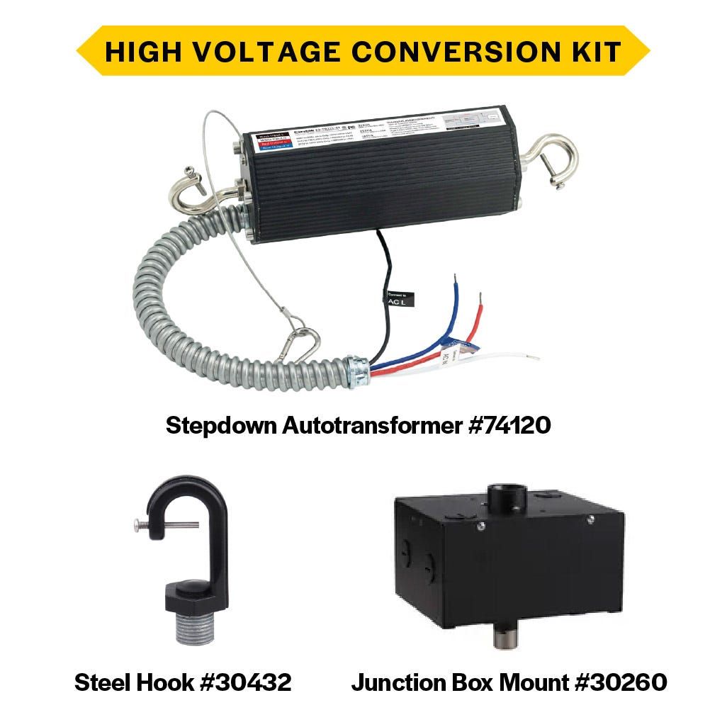 High Voltage Conversion Kit for Essential Round Highbays (Gen 1 and 2) Contains HV Driver 74120, J-Box 30260 and NPS 3/4 High Voltage Conversion Kit for Essential Round Highbays (Gen 1 and 2) Contains HV Driver 74120, J-Box 30260 and NPS 3/4" Cast Aluminum Hook 30432