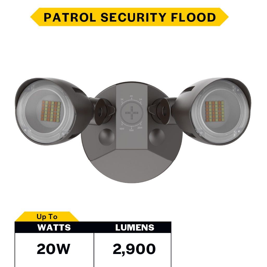 Patrol LED Security Flood Dual Heads No Motion Sensor Lumen & CCT Selectable 10W-15W-20W 1300-2900lm 3K-4K-5K 120-277VAC Bronze Finish
