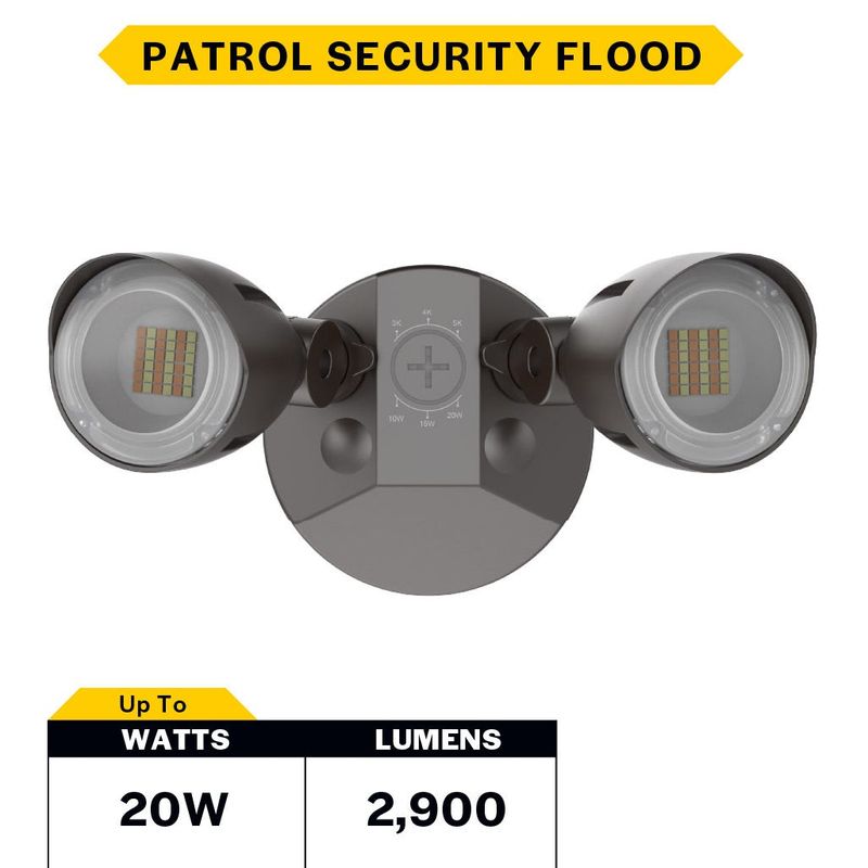 Patrol LED Security Flood Dual Heads No Motion Sensor Lumen & CCT Selectable 10W-15W-20W 1300-2900lm 3K-4K-5K 120-277VAC Bronze Finish