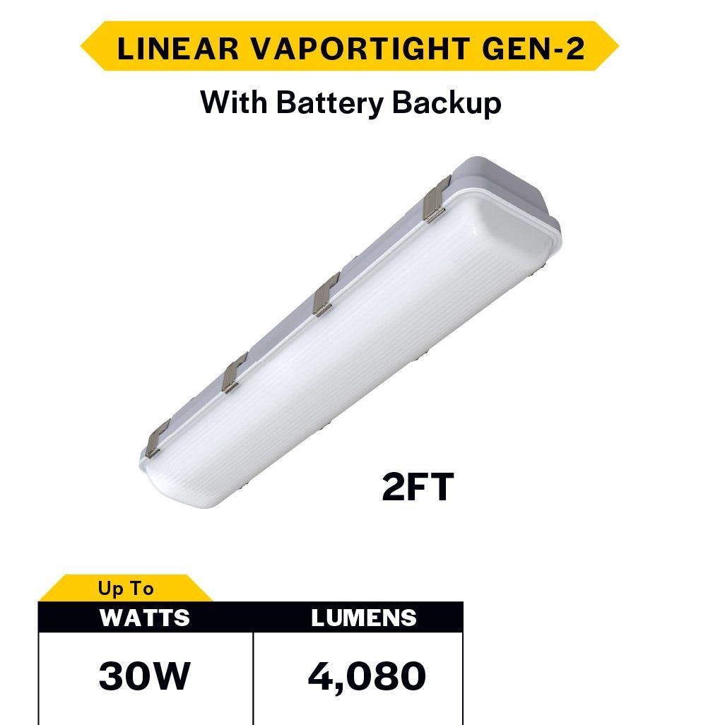LED Controls Ready Linear Vaportight 2FT Selectable Lumen & CCT 2780-4083LM (20W-30W) 35K- 40K-50K 3.5mm Jack 120-277VAC with Suspended Chain Mount and EM Driver Battery Backup 90min