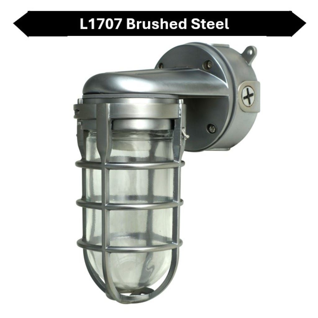 Topaz Outdoor Wall Mount Incandescent or LED Ready Vaportight Industrial Jelly Jar with E26 Socket for up to a 100W Incand or Equiv LED Bulb (not included) Die Cast Aluminum Brushed Steel Finish Topaz Outdoor Wall Mount Incandescent or LED Ready Vaportight Industrial Jelly Jar with E26 Socket for up to a 100W Incand or Equiv LED Bulb (not included) Die Cast Aluminum Brushed Steel Finish