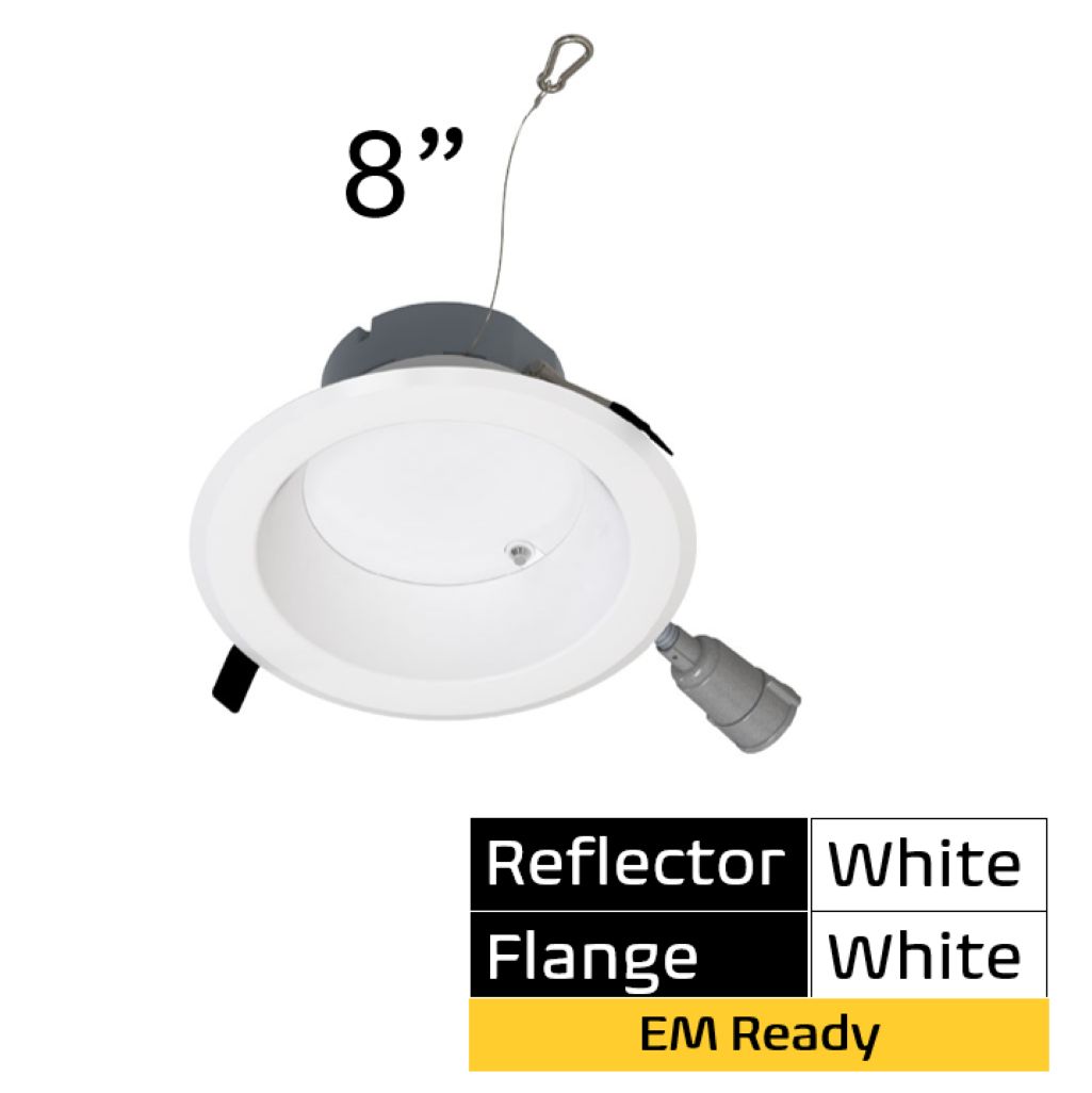 Commercial Retrofit Downlight, 8in, Emergency Battery Ready, Lumen and CCT Select, 120-277V, Dimmable TRIAC/ELV & 0-10V, White Reflector, White Flange Commercial Retrofit Downlight, 8in, Emergency Battery Ready, Lumen and CCT Select, 120-277V, Dimmable TRIAC/ELV & 0-10V, White Reflector, White Flange