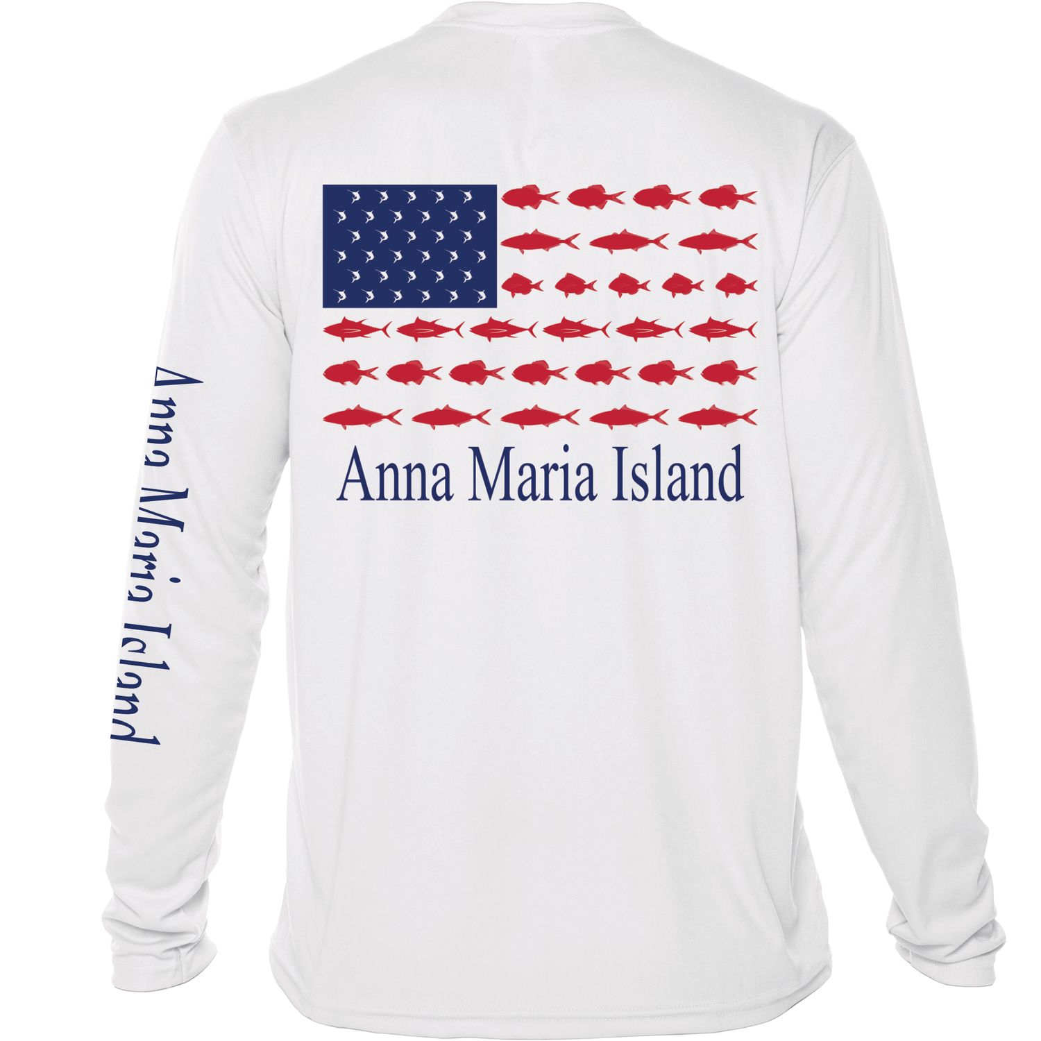Vapor Solar Long Sleeve UPF 50 Shirt – American Flag Fish Design, Unisex Sizing - Back w/AMI Sleeve