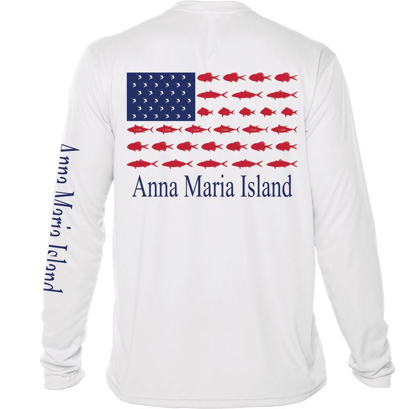 Vapor Solar Long Sleeve UPF 50 Shirt – American Flag Fish Design, Unisex Sizing - Back w/AMI Sleeve