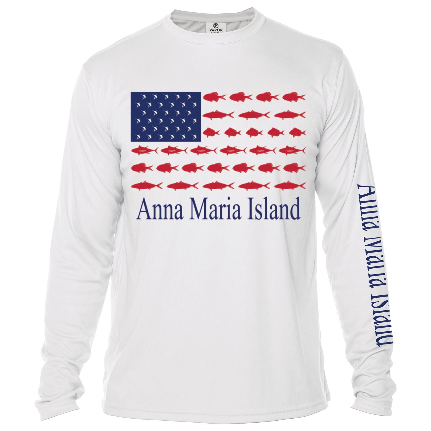 Vapor Apparel 50 UPF American Fishing Flag Sun Shirt  - Front Design w/AMI Long Sleeve