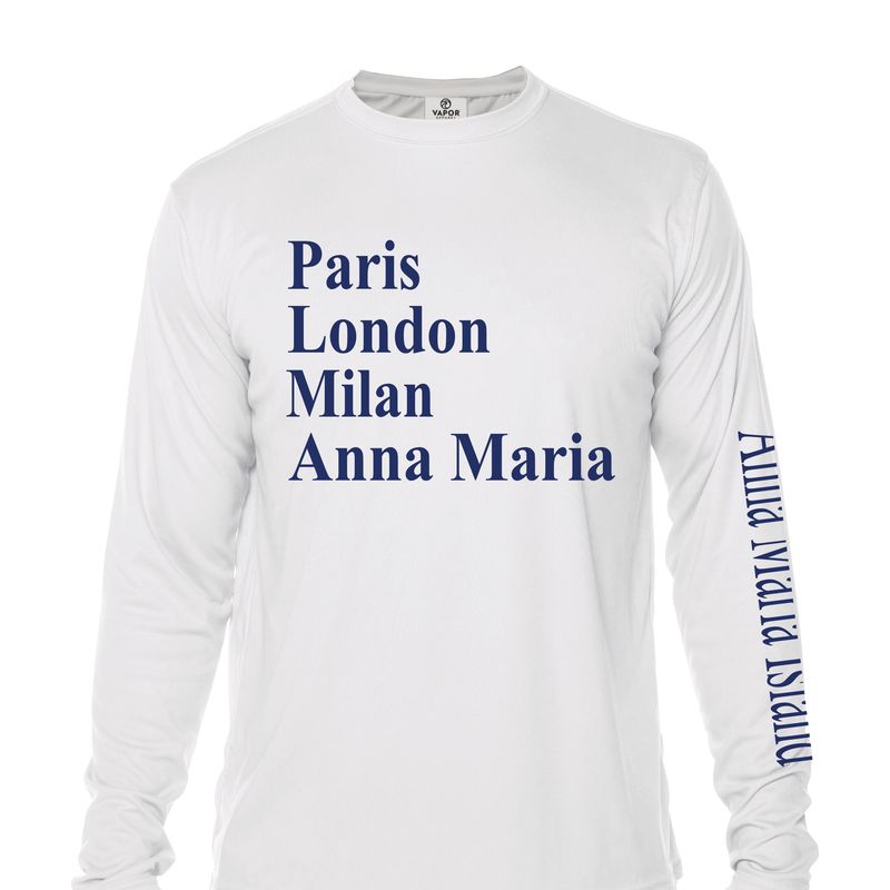 Vapor Unisex Long Sleeve Solar UPF 50 Sun Shirt Featuring Fashion Hotspots of Paris, London, Milan, and Anna Maria