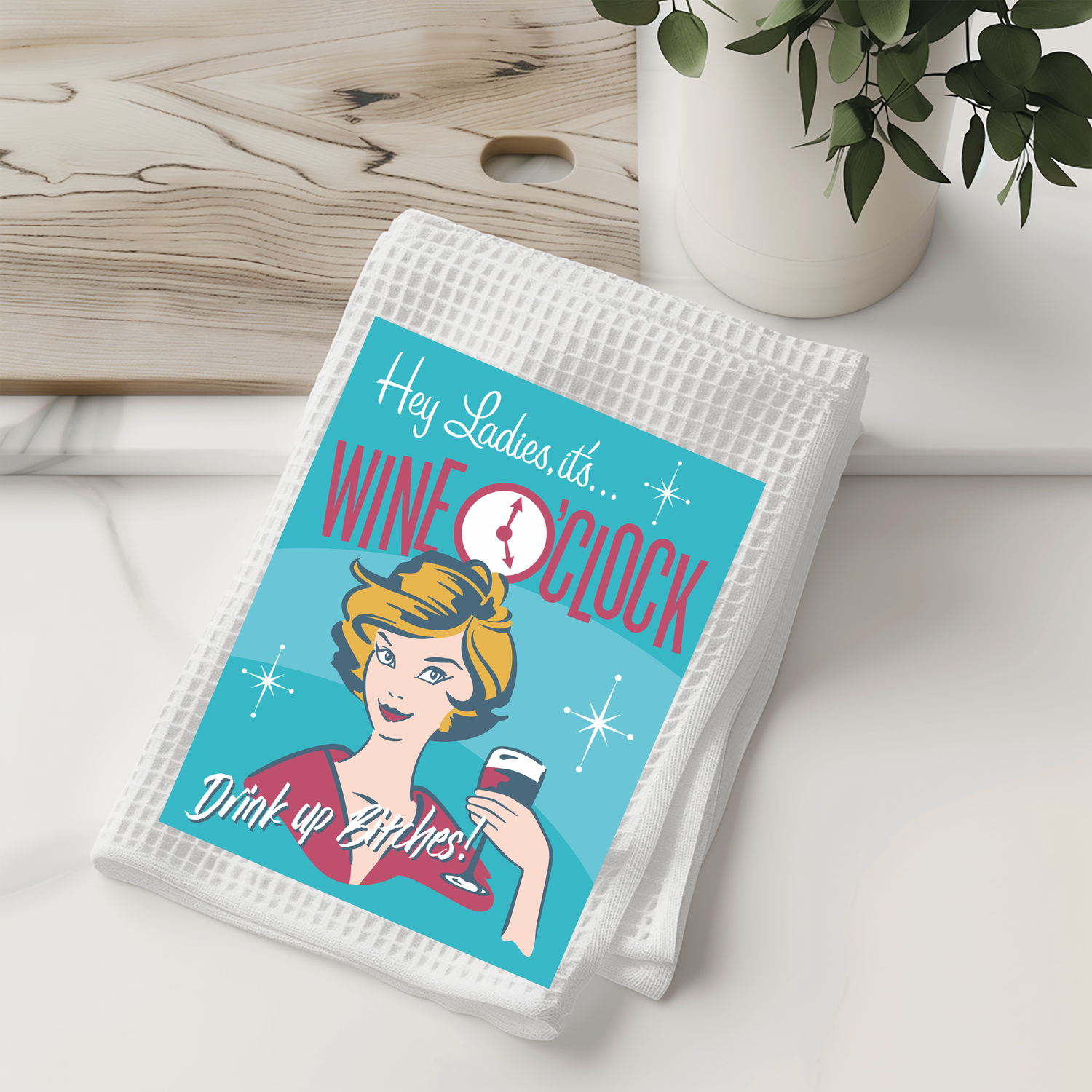 Retro Wine O&#39;Clock Kitchen Dish Towel - Vintage Style Ladies&#39; Night Tea Towel - Decorative Waffle Weave Towel for Wine Lovers