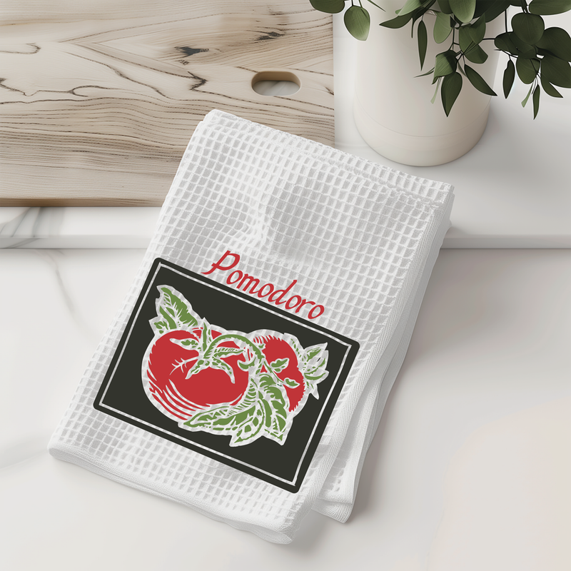 Italian Pomodoro Kitchen Towel - Vintage Tomato Art Tea Towel - Mediterranean Style Cotton Kitchen Decor