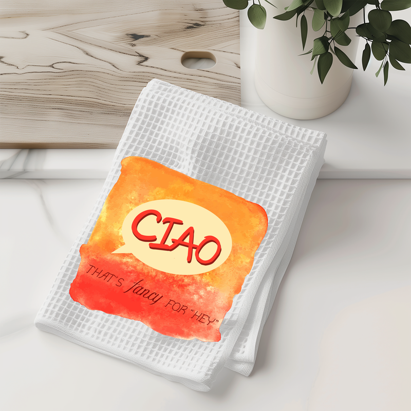 Add Italian Flair to Your Kitchen with a 'Ciao' Watercolor Designed Towel. Perfect Hostess Gift Add Italian Flair to Your Kitchen with a 'Ciao' Watercolor Designed Towel. Perfect Hostess Gift