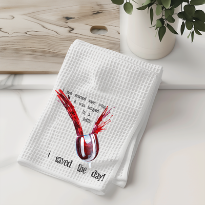 Wine Rescue Kitchen Towel - Funny Wine Savior Tea Towel - Splashing Wine Glass Kitchen Decor